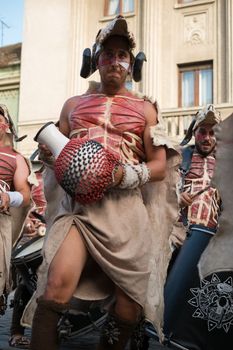 Sibiu City, Romania - 16 June 2019. Batucada Villa Pipol band , Brazilian percussion style of African influences, performing at the Sibiu International Theatre Festival from Sibiu, Romania.
