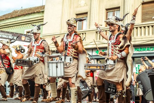 Sibiu City, Romania - 16 June 2019. Batucada Villa Pipol band , Brazilian percussion style of African influences, performing at the Sibiu International Theatre Festival from Sibiu, Romania.