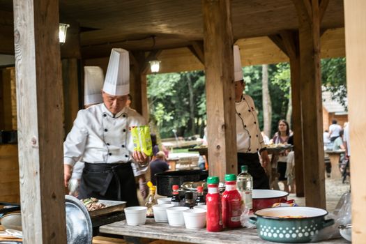 Sibiu City, Romania - 23 June 2019. Chinese cook arranges food on plates at the premiere of Lantern Festival from Astra museum in the Sibiu International Theatre Festival from Sibiu, Romania