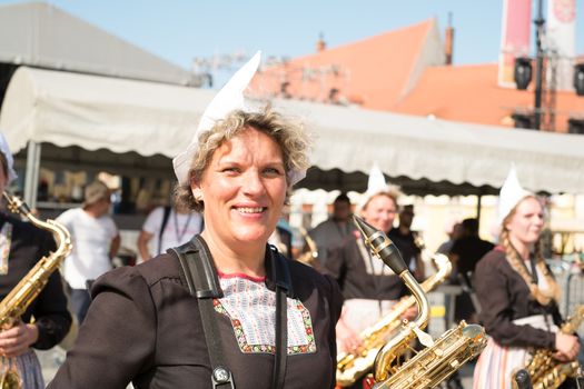 Sibiu City, Romania - 14 June 2019. Crescendo Opende Bicycle Band from Netherlands performing at the Sibiu International Theatre Festival from Sibiu, Romania.