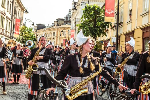 Sibiu City, Romania - 14 June 2019. Crescendo Opende Bicycle Band from Netherlands performing at the Sibiu International Theatre Festival from Sibiu, Romania.