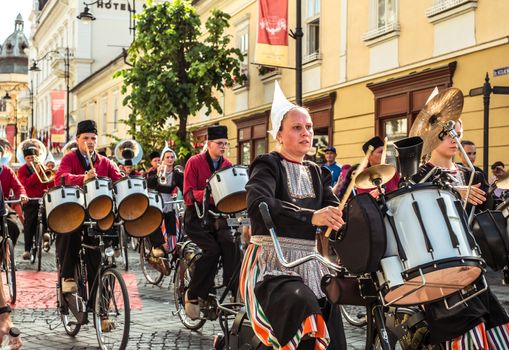 Sibiu City, Romania - 14 June 2019. Crescendo Opende Bicycle Band from Netherlands performing at the Sibiu International Theatre Festival from Sibiu, Romania.