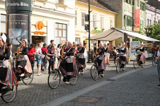 Sibiu City, Romania - 14 June 2019. Crescendo Opende Bicycle Band from Netherlands performing at the Sibiu International Theatre Festival from Sibiu, Romania.