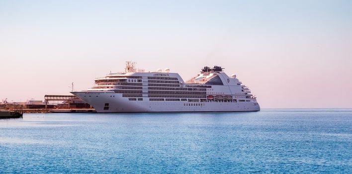 Malaga, Spain - August 03, 2018. Cruise ship Seabourn Encore, anchored in the port of Malaga
