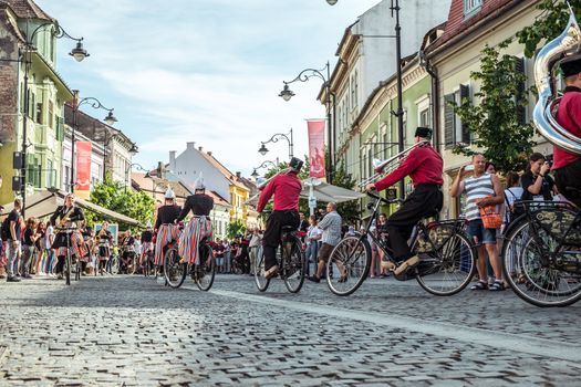 Sibiu City, Romania - 14 June 2019. Crescendo Opende Bicycle Band from Netherlands performing at the Sibiu International Theatre Festival from Sibiu, Romania.