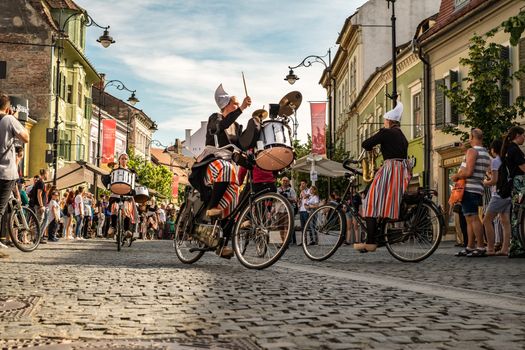 Sibiu City, Romania - 14 June 2019. Crescendo Opende Bicycle Band from Netherlands performing at the Sibiu International Theatre Festival from Sibiu, Romania.