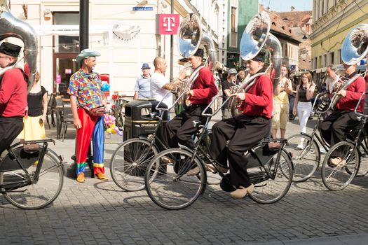 Sibiu City, Romania - 14 June 2019. Crescendo Opende Bicycle Band from Netherlands performing at the Sibiu International Theatre Festival from Sibiu, Romania.