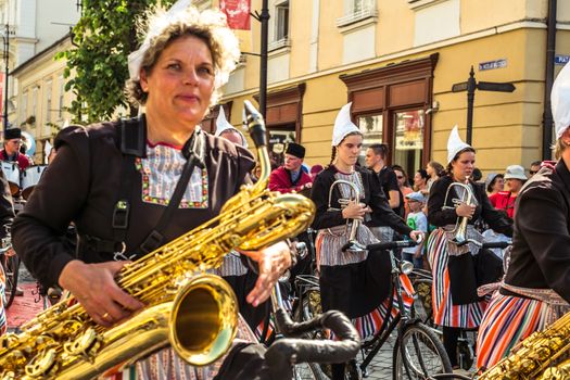 Sibiu City, Romania - 14 June 2019. Crescendo Opende Bicycle Band from Netherlands performing at the Sibiu International Theatre Festival from Sibiu, Romania.
