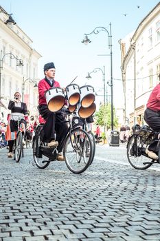 Sibiu City, Romania - 14 June 2019. Crescendo Opende Bicycle Band from Netherlands performing at the Sibiu International Theatre Festival from Sibiu, Romania.
