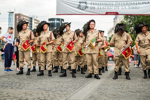 Sibiu City, Romania - 21 June 2019. The Fanfara dei Bersaglieri from Italy, performing at the Sibiu International Theatre Festival from Sibiu, Romania.