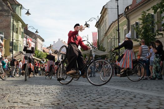 Sibiu City, Romania - 14 June 2019. Crescendo Opende Bicycle Band from Netherlands performing at the Sibiu International Theatre Festival from Sibiu, Romania.