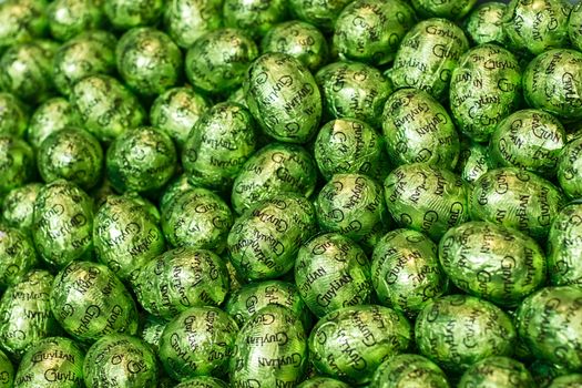 Malaga, Spain - January 26, 2018. Easter Eggs Foiled GUYLIAN Belgian Chocolates