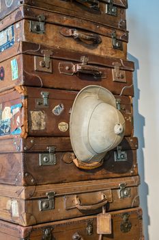 Malaga, Spain - August 19, 2018. old classic travel suitcases at Automobile and Fashion Museum Malaga, Spain.