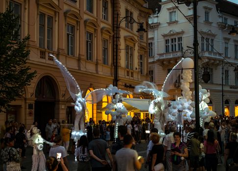 Sibiu City, Romania - 20 June 2019. Mademoiselle Paillette perform White World show in night at the Sibiu International Theatre Festival from Sibiu, Romania.