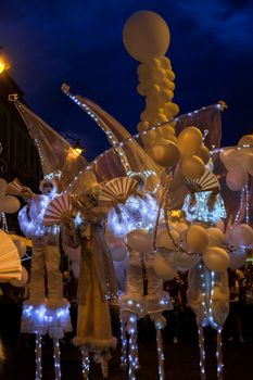 Sibiu City, Romania - 20 June 2019. Mademoiselle Paillette perform White World show in night at the Sibiu International Theatre Festival from Sibiu, Romania.