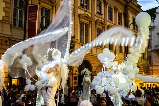 Sibiu City, Romania - 20 June 2019. Mademoiselle Paillette perform White World show in night at the Sibiu International Theatre Festival from Sibiu, Romania.
