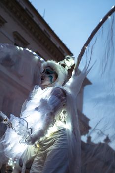 Sibiu City, Romania - 20 June 2019. Mademoiselle Paillette perform White World show in night at the Sibiu International Theatre Festival from Sibiu, Romania.