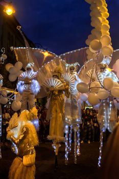 Sibiu City, Romania - 20 June 2019. Mademoiselle Paillette perform White World show in night at the Sibiu International Theatre Festival from Sibiu, Romania.