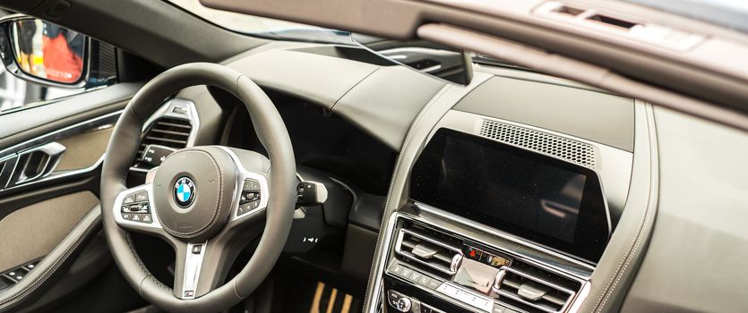 Sibiu City, Romania - 25 May 2019. inside view of the modern bmw car board