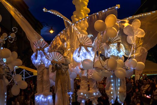 Sibiu City, Romania - 20 June 2019. Mademoiselle Paillette perform White World show in night at the Sibiu International Theatre Festival from Sibiu, Romania.