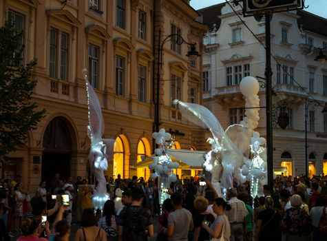Sibiu City, Romania - 20 June 2019. Mademoiselle Paillette perform White World show in night at the Sibiu International Theatre Festival from Sibiu, Romania.