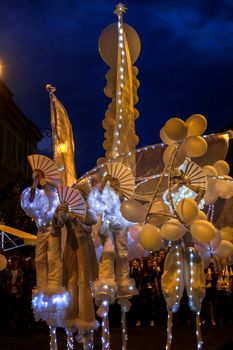 Sibiu City, Romania - 20 June 2019. Mademoiselle Paillette perform White World show in night at the Sibiu International Theatre Festival from Sibiu, Romania.