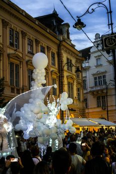 Sibiu City, Romania - 20 June 2019. Mademoiselle Paillette perform White World show in night at the Sibiu International Theatre Festival from Sibiu, Romania.