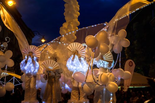 Sibiu City, Romania - 20 June 2019. Mademoiselle Paillette perform White World show in night at the Sibiu International Theatre Festival from Sibiu, Romania.