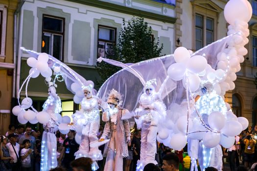 Sibiu City, Romania - 20 June 2019. Mademoiselle Paillette perform White World show in night at the Sibiu International Theatre Festival from Sibiu, Romania.