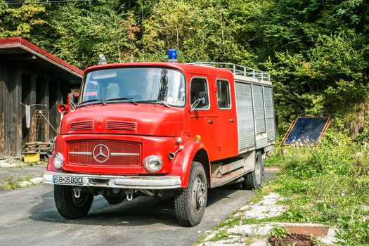 Paltinis, Romania - September 22, 2018. Mercedes-Benz 1113 fire truck manufactured in 1963 parked in the Paltinis resort, Sibiu county, Romania