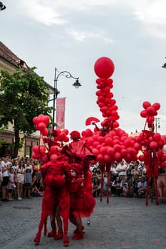 Sibiu City, Romania - 20 June 2019. Mademoiselle Paillette perform Red World show at the Sibiu International Theatre Festival from Sibiu, Romania.