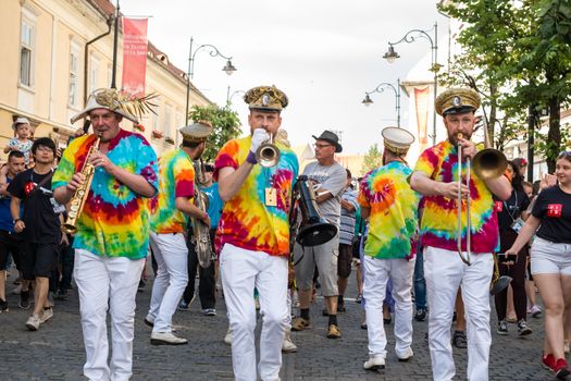 Sibiu City, Romania - 19 June 2019. Mr Wilson's Second Liners from UK, performing at the Sibiu International Theatre Festival from Sibiu, Romania.