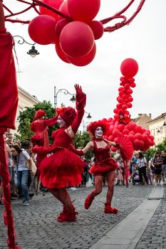 Sibiu City, Romania - 20 June 2019. Mademoiselle Paillette perform Red World show at the Sibiu International Theatre Festival from Sibiu, Romania.