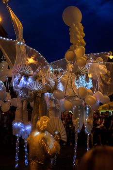 Sibiu City, Romania - 20 June 2019. Mademoiselle Paillette perform White World show in night at the Sibiu International Theatre Festival from Sibiu, Romania.