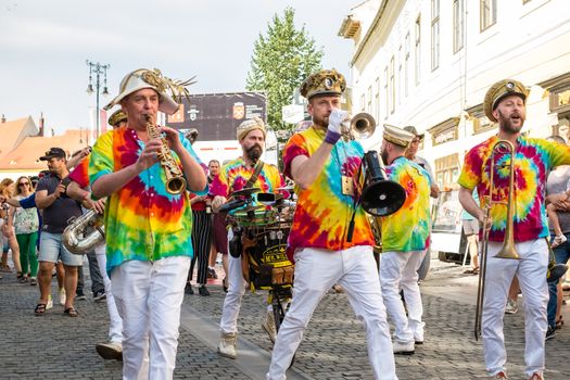Sibiu City, Romania - 19 June 2019. Mr Wilson's Second Liners from UK, performing at the Sibiu International Theatre Festival from Sibiu, Romania.