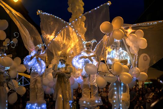 Sibiu City, Romania - 20 June 2019. Mademoiselle Paillette perform White World show in night at the Sibiu International Theatre Festival from Sibiu, Romania.