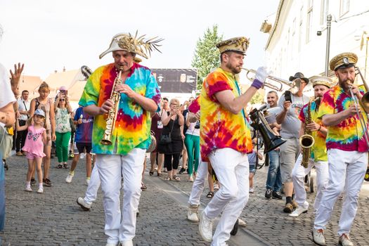Sibiu City, Romania - 19 June 2019. Mr Wilson's Second Liners from UK, performing at the Sibiu International Theatre Festival from Sibiu, Romania.