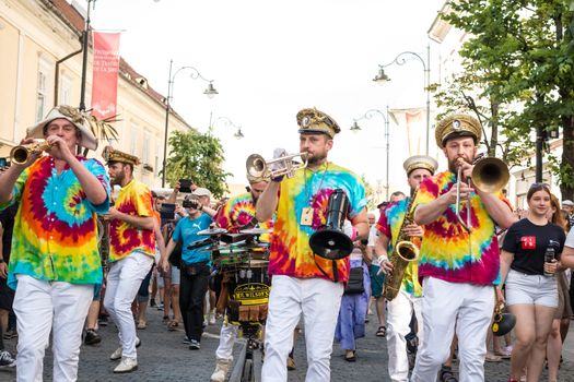 Sibiu City, Romania - 19 June 2019. Mr Wilson's Second Liners from UK, performing at the Sibiu International Theatre Festival from Sibiu, Romania.