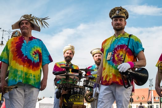 Sibiu City, Romania - 19 June 2019. Mr Wilson's Second Liners from UK, performing at the Sibiu International Theatre Festival from Sibiu, Romania.