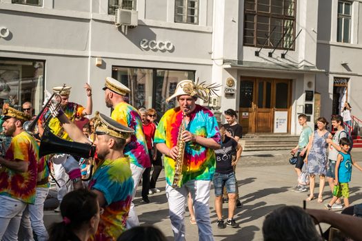 Sibiu City, Romania - 19 June 2019. Mr Wilson's Second Liners from UK, performing at the Sibiu International Theatre Festival from Sibiu, Romania.