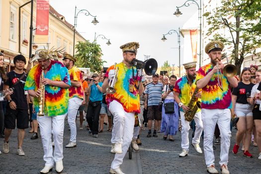 Sibiu City, Romania - 19 June 2019. Mr Wilson's Second Liners from UK, performing at the Sibiu International Theatre Festival from Sibiu, Romania.