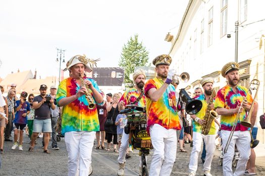 Sibiu City, Romania - 19 June 2019. Mr Wilson's Second Liners from UK, performing at the Sibiu International Theatre Festival from Sibiu, Romania.