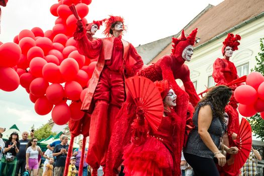 Sibiu City, Romania - 20 June 2019. Mademoiselle Paillette perform Red World show at the Sibiu International Theatre Festival from Sibiu, Romania.