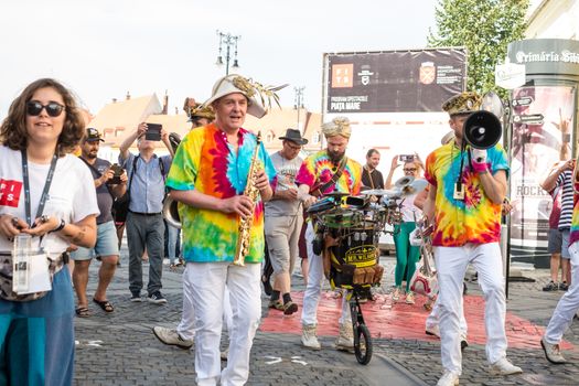 Sibiu City, Romania - 19 June 2019. Mr Wilson's Second Liners from UK, performing at the Sibiu International Theatre Festival from Sibiu, Romania.