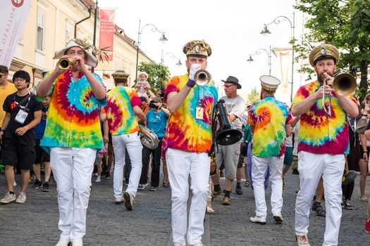Sibiu City, Romania - 19 June 2019. Mr Wilson's Second Liners from UK, performing at the Sibiu International Theatre Festival from Sibiu, Romania.