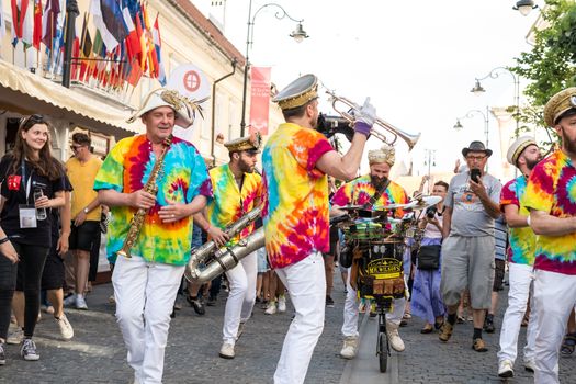 Sibiu City, Romania - 19 June 2019. Mr Wilson's Second Liners from UK, performing at the Sibiu International Theatre Festival from Sibiu, Romania.