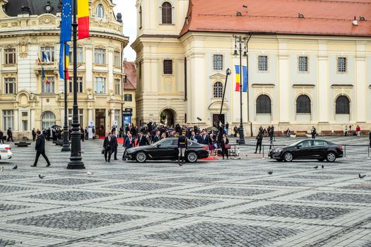 Sibiu City, Romania - 9 May 2019. European Officials entering the cars at Informal meeting of heads of state or government 2019 in Big Square  Sibiu, Romania