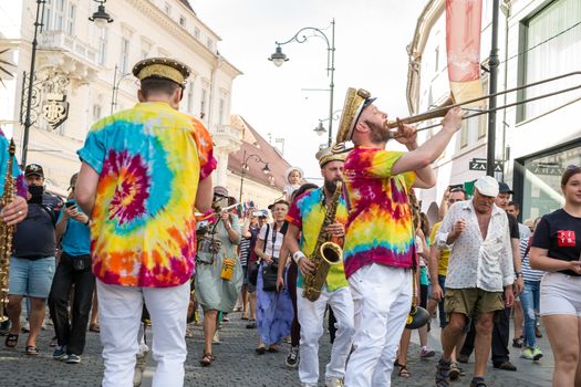 Sibiu City, Romania - 19 June 2019. Mr Wilson's Second Liners from UK, performing at the Sibiu International Theatre Festival from Sibiu, Romania.