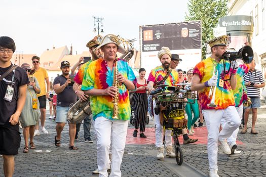 Sibiu City, Romania - 19 June 2019. Mr Wilson's Second Liners from UK, performing at the Sibiu International Theatre Festival from Sibiu, Romania.