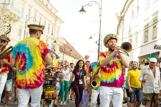 Sibiu City, Romania - 19 June 2019. Mr Wilson's Second Liners from UK, performing at the Sibiu International Theatre Festival from Sibiu, Romania.